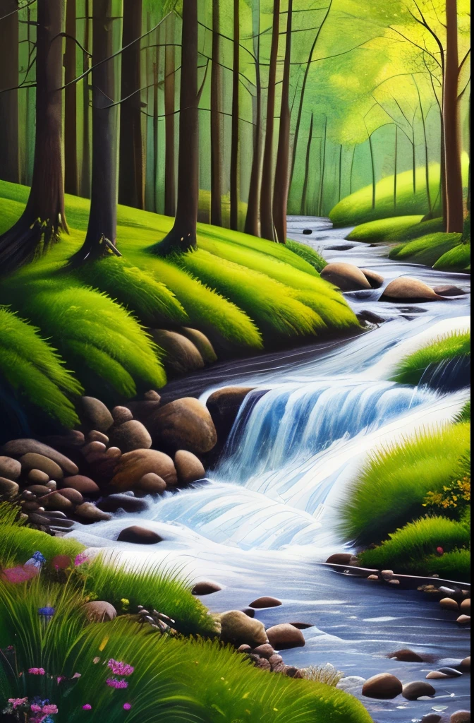 a painting of a stream running through a forest filled with trees, a photorealistic painting by Scott Gustafson, shutterstock, hudson river school, nature painting, beautiful flowing feeling, stream of love and happiness, river in the wood, babbling brook, watercolor painting style, real-life brook, landscape art, water painting, oil painting style, incredible painting