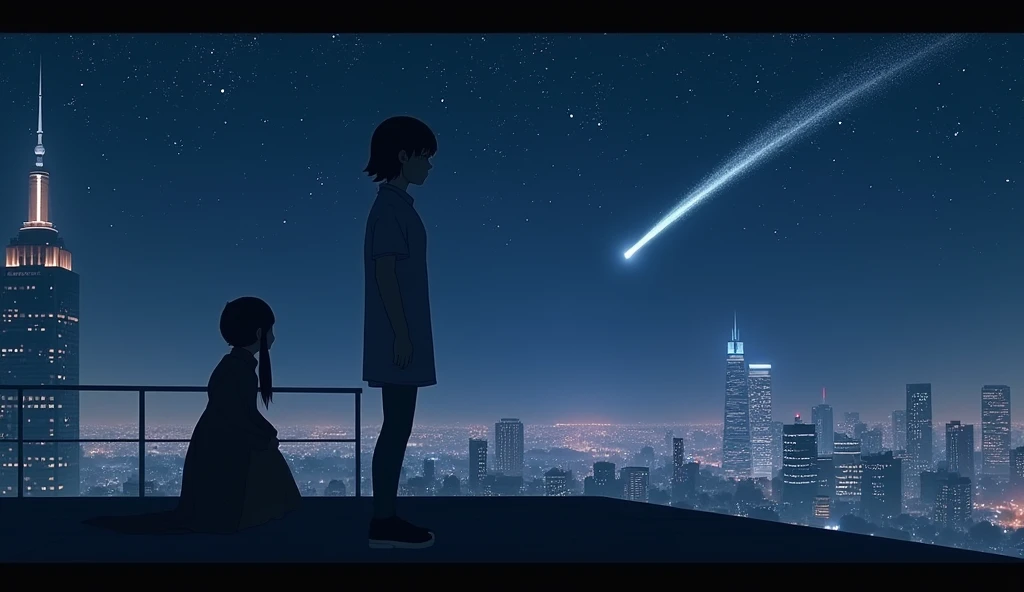 (best quality, masterpiece, ultra detailed), place: City rooftop footage: The protagonist stands on the roof of a skyscraper again.、Looking up at the night sky。A shooting star shines in the night sky this time、A ray of hope。The camera slowly pans out from the protagonist&#39;s back into the night sky.。Close-up of the main character&#39;s profile