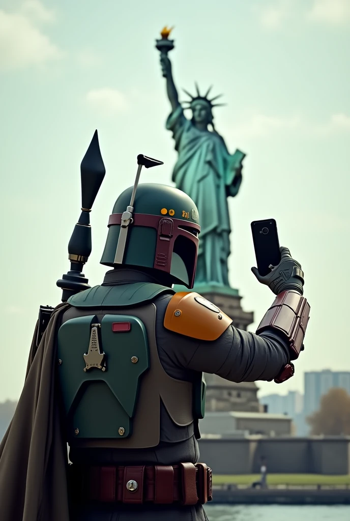 Boba Fett takes a selfie with the Statue of Liberty、Star Wars、movie、Mandaean、Selfie angle