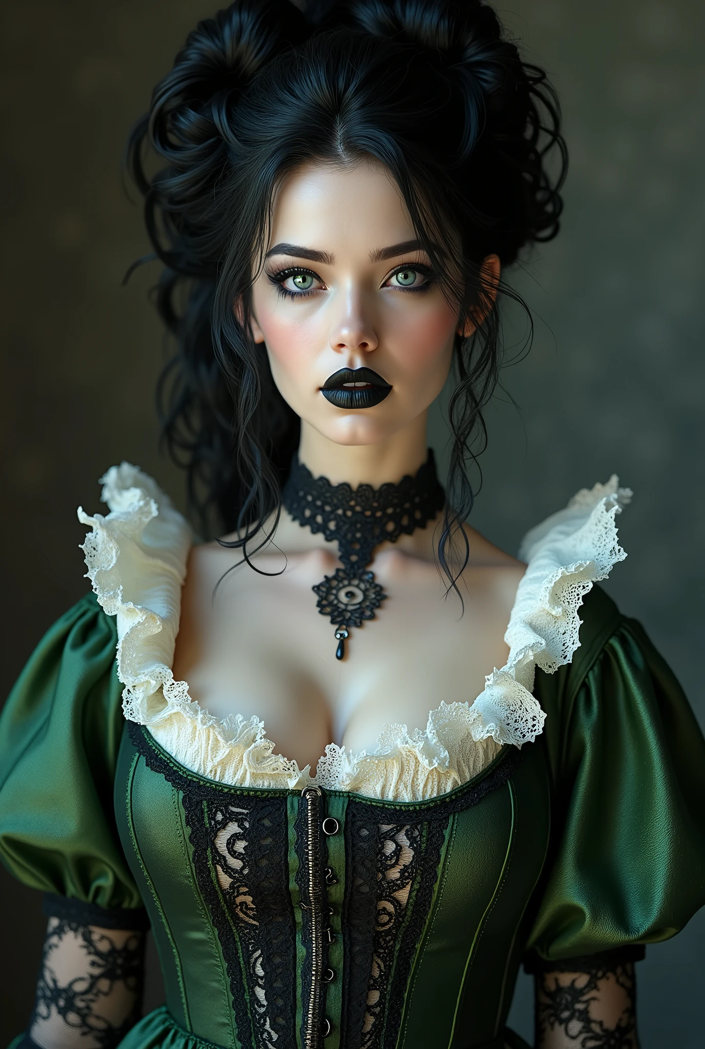 (masterpiece, photorealistic:1.4, extremely intricate:1.3), (photon mapping, radiosity, physically based rendering, ultra resolution, hyper-realistic, 8K), black hair updo goth girl, blackout eyeshadow, 30 year elegant woman, pale skin, high collar renaissance green white lace dress, black lips, chains, bright blue eyes, buxom, upper torso
