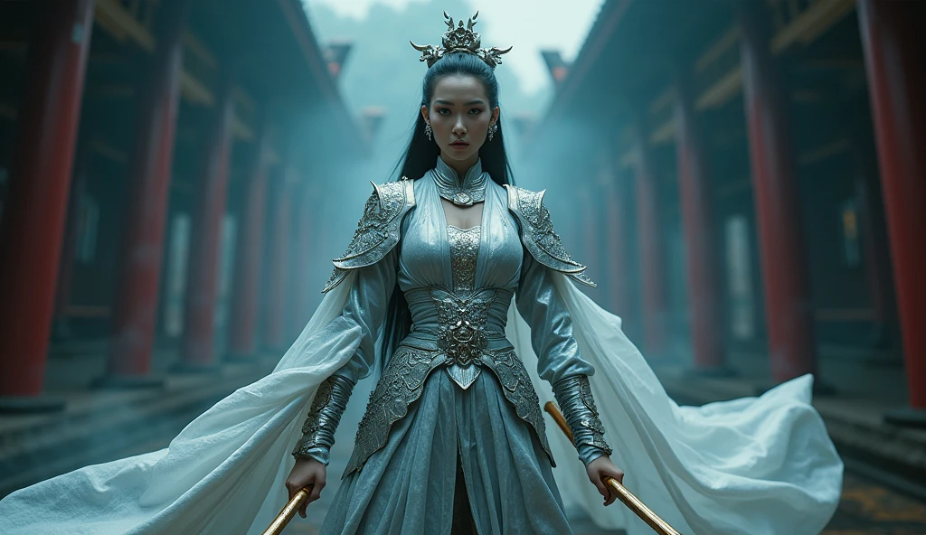 Alien technology martial arts costumes, fashion photography,silver clothing , Dim lighting,gloomy,Photorealistic,Create tension、Sinister atmosphere。Swords,The viewing angle is from below,Emphasizes the absolute majesty and power of the female emperor。,Inspired by Chinese Xianxia and Cyberpunk。(best quality,4K,8K,high resolution,masterpiece:1.2), (Practical,Reality,Photo-real:1.37). information,