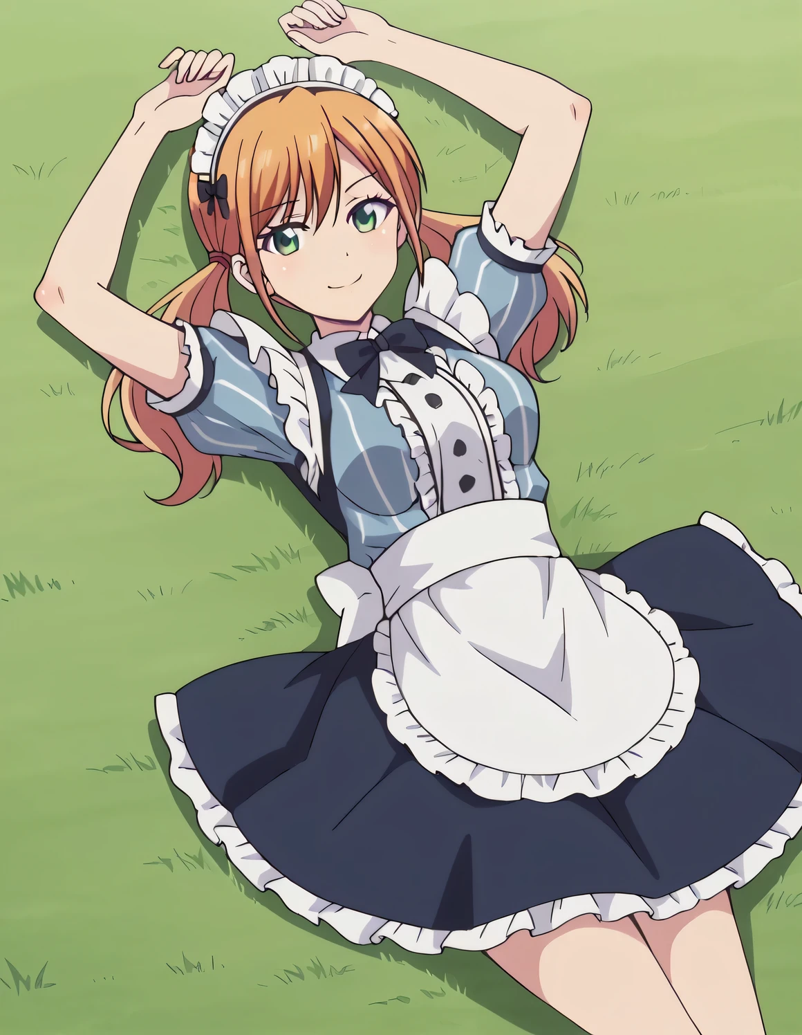 riho tsukishima, long hair, bangs, twintails, green eyes, low twintails, dress, bow, short sleeves, frills, striped, apron, maid, maid headdress, blue dress, waist apron, white apron, vertical stripes, high quality, solo, lying, on back, arms up, spread arms, closed mouth, on grass, medium breast, looking at viewer, cowboy shot, smile, best quality,