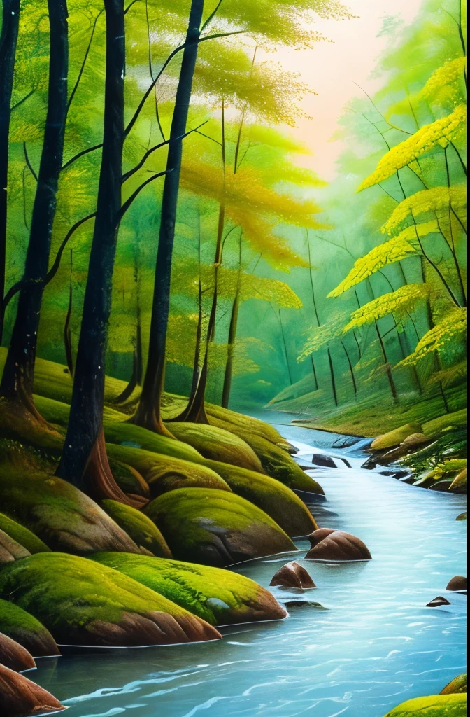 a painting of a stream running through a forest filled with trees, a photorealistic painting by Scott Gustafson, shutterstock, hudson river school, nature painting, beautiful flowing feeling, stream of love and happiness, river in the wood, babbling brook, watercolor painting style, real-life brook, landscape art, water painting, oil painting style, incredible painting