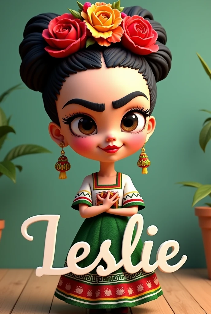 Frida Kahlo in 3d cartoon with green Mexican costume, white and red with the name LESLIE in large cursive letters.