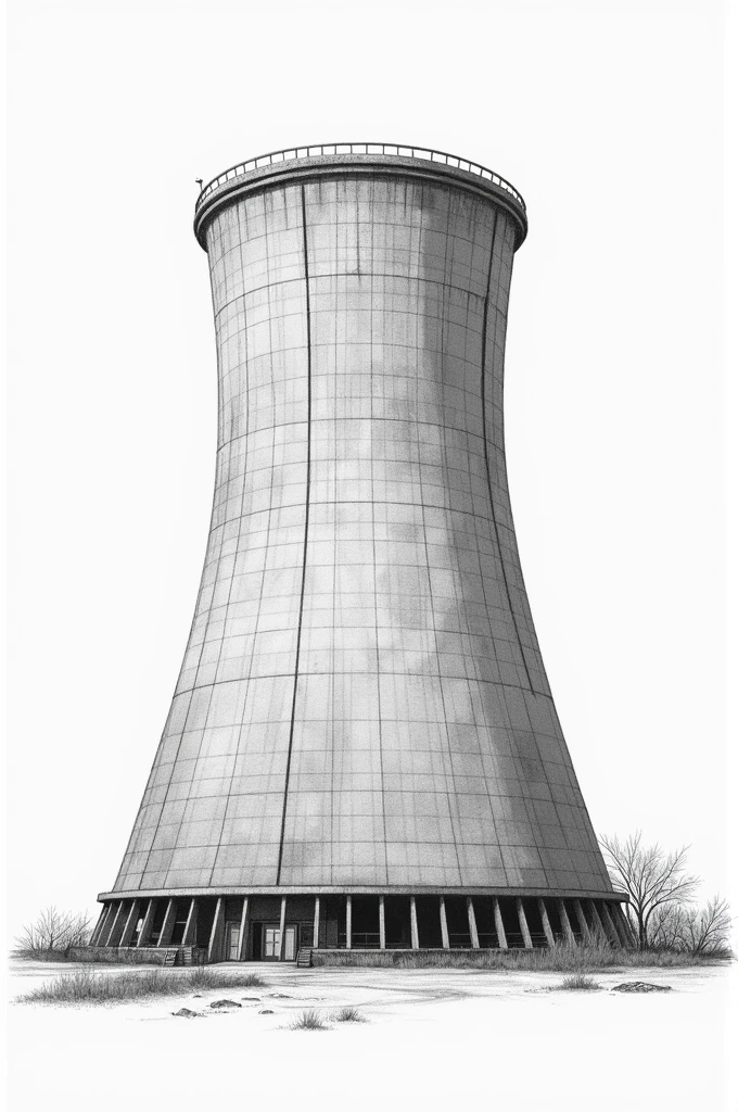Generates a colorless pencil-like drawing of a cooling tower