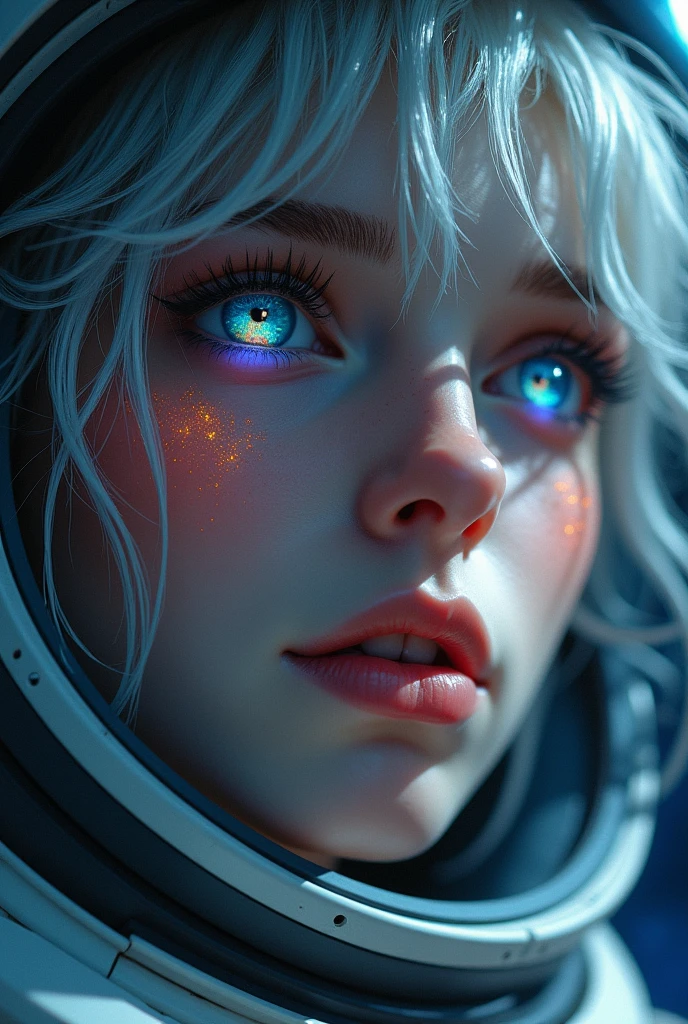 (Close-up of a better masterpiece:1.5)0.9], (Space and astronauts:1.2) (Messy silver hair:1.1) (Heterochromia xanthochromia and blue eyes:1.2) (Space Helmet:1.0) (Colored stars in the eyes:1.0) (A radiant glow:1.1) (thick lips:0.9)