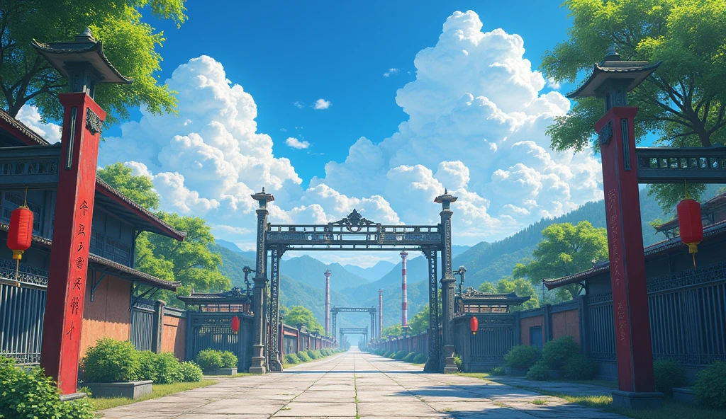Factory gate，Blue sky，White Cloud，Red Lantern，Factory，Trees，Greenland。Vision