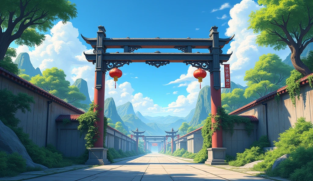 Factory gate,Blue sky,White Cloud,Red Lantern,Factory,Trees,Greenland。Vision