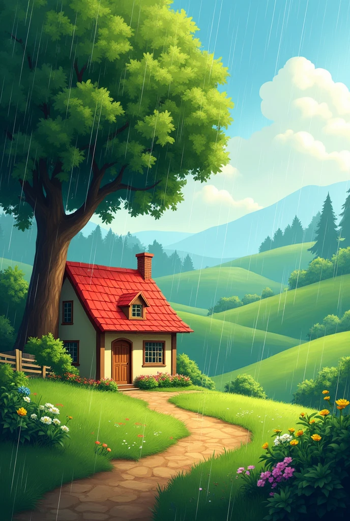Create a landscape of a scene countryside screen during a gental summer rain .A cozy cottage with a red roof is nestled near a large ,lush green tree