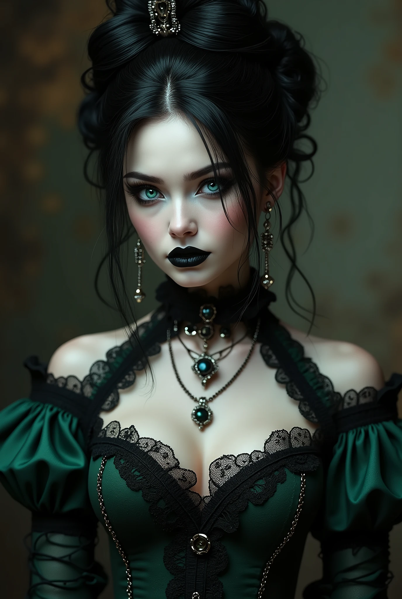 (masterpiece, photorealistic:1.4, extremely intricate:1.3), (photon mapping, radiosity, physically based rendering, ultra resolution, hyper-realistic, 8K), black hair updo goth girl, blackout eyeshadow, 30 year elegant woman, pale skin, high collar renaissance green black lace dress, black lips, chains, bright blue eyes, buxom, upper torso