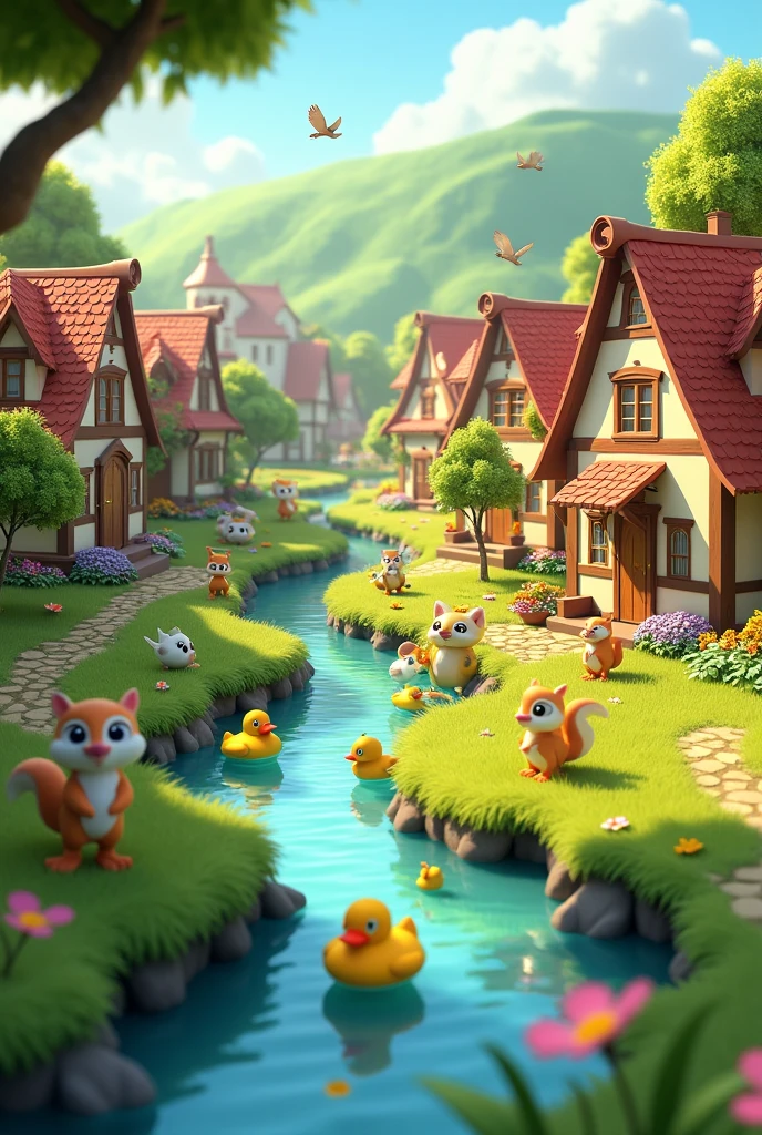 In 3d animation style "A picturesque, vibrant village with lush greenery and colorful flowers. Camera pans across the village, showing various animals living peacefully."