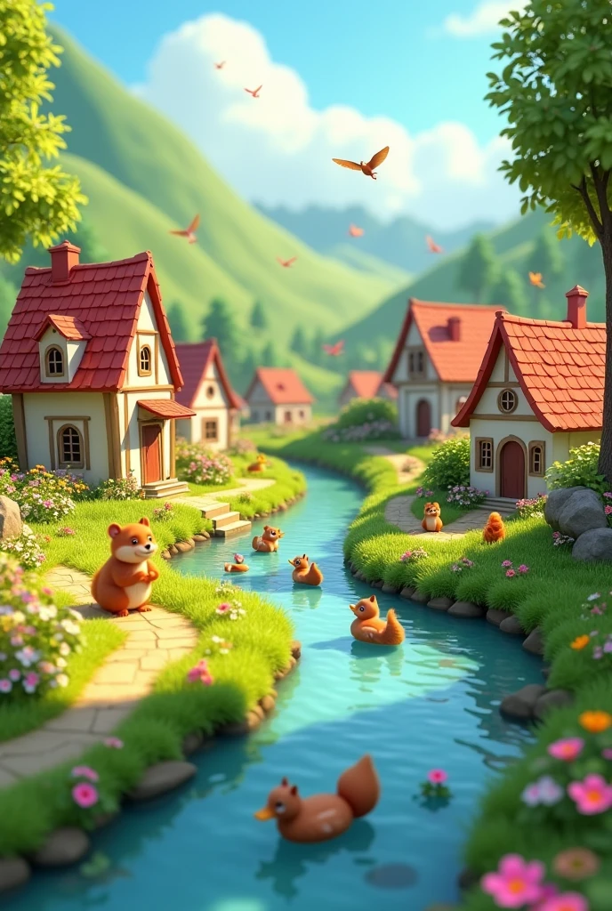 In 3d animation style "A picturesque, vibrant village with lush greenery and colorful flowers. Camera pans across the village, showing various animals living peacefully."