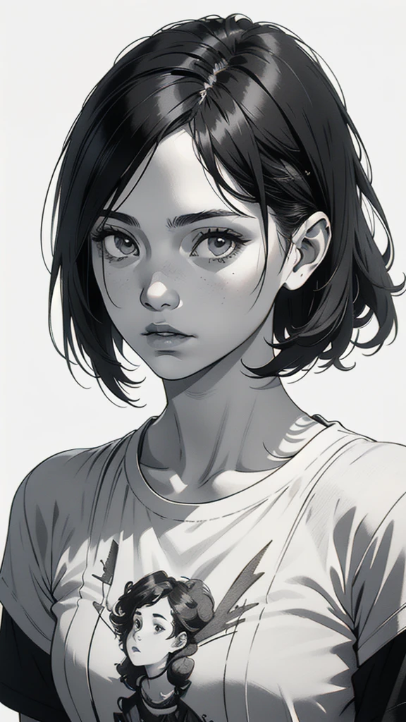1 boyish girl, solo, sharp eyes, monochrome, greyscale, short black hair, portrait, white T-shirt, closed mouth, looking at viewer, graphite \(medium\), detailed lips, hatching \(texture\), without makeup, bangs, upper body, (best illustration), (best quality), (very detailed), (masterpiece), expressionless,