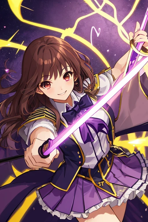 High school girl, purple clothes, fluttering skirt, brown hair, smiling, two-sword style, holding a sword, active, flash of light, yellow aura, holding a sword, sparkling