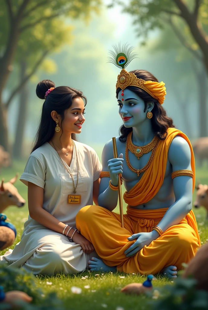 A serene scene with a 1 girl named Dr. Anjali Meena, wearing a white medical apron with a nameplate that reads 'Dr. Anjali Meena'. The girl is lovingly sitting beside Shree Krishna, who is depicted in his traditional attire with a crown adorned with a peacock feather, wearing a yellow dhoti, and holding a flute. They are in a peaceful green landscape with lush grass and trees in the background. Peacocks gracefully move around, and cows graze peacefully in the distance. The atmosphere is calm, spiritual, and full of harmony.
Girl has age like shree Krishna 