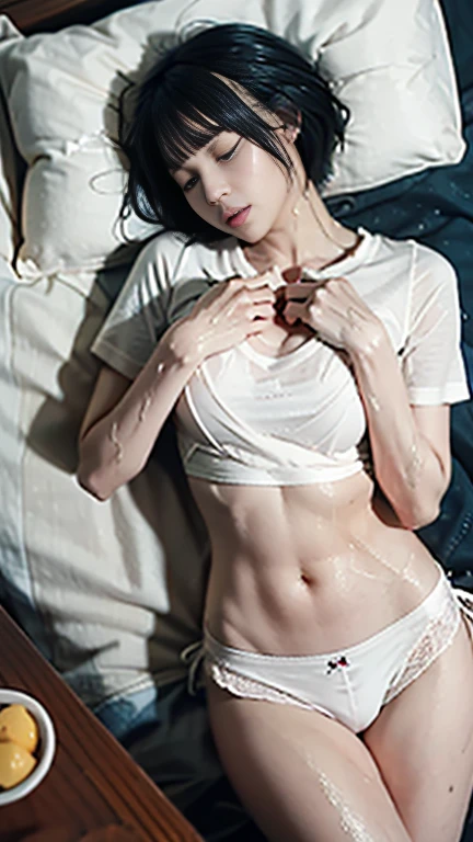 Highest quality, masterpiece, 8k, Ultra-high resolution, (Realistic: 1.4), balanced figure、Correct Anatomy、Beautiful skin quality、thin、Small breasts、Lying on her back on the bed and adjusting her posture、(Sleep performance:1.5)、Accurate limbs、Detailed breast shape、Detailed nipple shape、(Soaking wet、Close to the skin、See-through mini T-shirt、Lift your mini T-shirt up to your chest:1.5)、(Beautiful thighs、Beautiful clavicle、Beautiful crotch、Beautiful belly button)、Pubic hair looks 薄いner、Pubic hair shape、Please spread your legs a little、(Head to thigh photo:1.5)、Holding a miniskirt、White see-through lace panties、slender、Condensed milk is poured over her thighs、