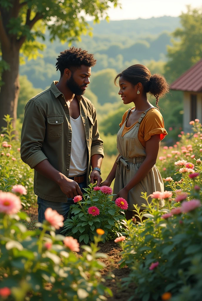 Black man watering a beautiful garden and his beautiful woman standing by 