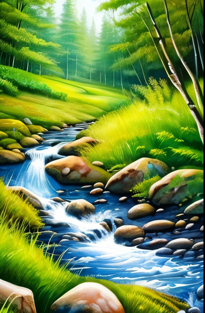 a painting of a stream running through a forest filled with trees, nature painting, beautiful flowing feeling, stream of love and happiness, by Scott Gustafson, river in the wood, by senior artist, babbling brook, watercolor painting style, by John Backderf, real-life brook, landscape art, water painting, oil painting style, incredible painting