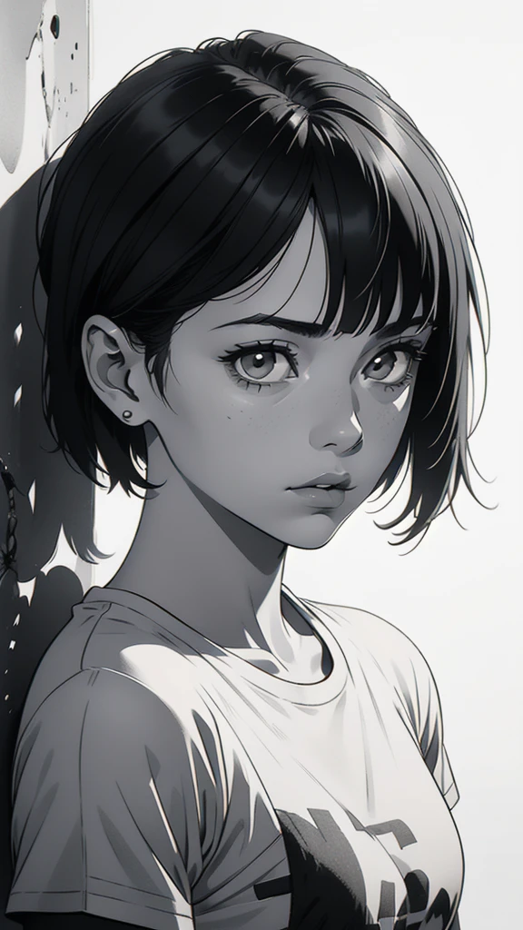1 boyish girl, solo, sharp eyes, monochrome, greyscale, short black hair, portrait, white T-shirt, closed mouth, looking at viewer, graphite \(medium\), detailed lips, hatching \(texture\), without makeup, bangs, upper body, (best illustration), (best quality), (very detailed), (masterpiece), expressionless,
