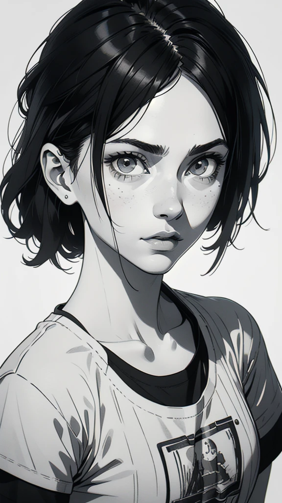 1 boyish girl, solo, sharp eyes, monochrome, greyscale, short black hair, portrait, white T-shirt, closed mouth, looking at viewer, graphite \(medium\), detailed lips, hatching \(texture\), without makeup, bangs, upper body, (best illustration), (best quality), (very detailed), (masterpiece), expressionless,