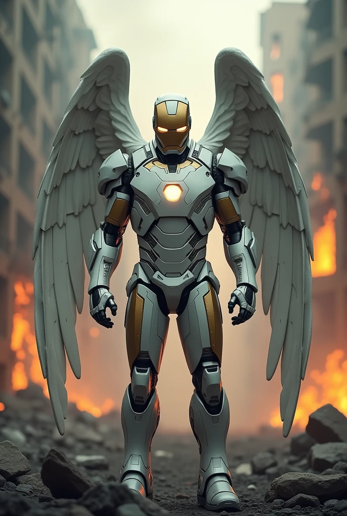(front view:1. 2) of a Ironman, large white wings folded down, sad, intricate white and golden shine costume, walk on decrepit street, destroyed buildings, dark sky, active fires in background, volumetric fog, subsurface scattering, ambient occlusion, post apocalyptic, ruins of war, fire, smoke, (bokeh:1. 4)
masterpiece, best quality, detailed, realistic, 8k UHD, high quality, lifelike, precise, vibrant, absurdres, rendered in a cinematic, HDR style, 8K resolution