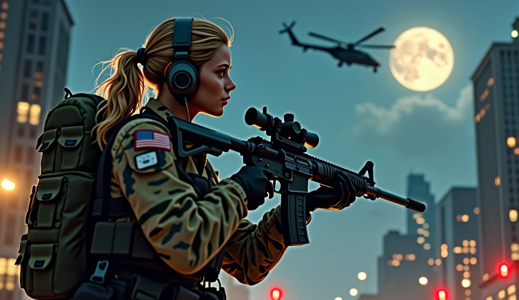 Photorealistic、Realistic skin texture、high resolution、High definition、Arabian girl in tiger stripe camouflage uniform、On her upper body, she is only wearing a camouflage bra top.、Wearing an intercom headset、Manhattan night view、Very beautiful 1 female soldier、Carrying a military backpack、Wearing a bulletproof vest、Aiming an automatic rifle、Holding a realistic sniper rifle、Blonde medium-long hair、Young face、A military helicopter flies in the sky、The background is a skyscraper district、Smoky battlefield、The background is the night sky、A huge full moon in the center of the sky、The person is a full-body angle、Watching the audience