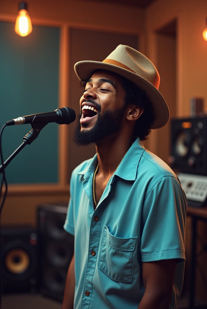 Un jeune caribbeen chante du reggae dans un studio d'enregistrement, il porte un chapeau et une chemise bleue claire. Il n'a pas de barbe, Digital art, realistic graphism