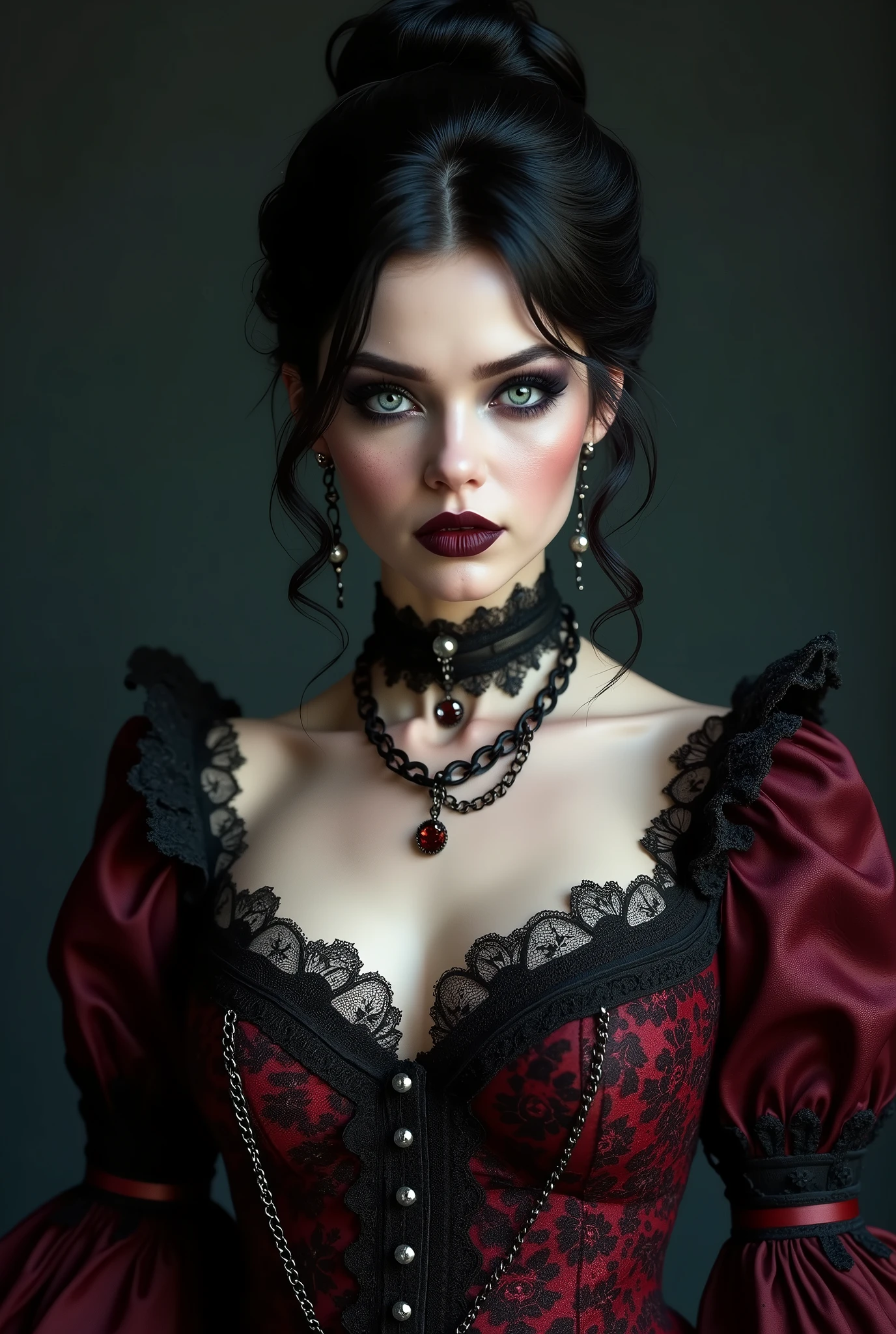 (masterpiece, photorealistic:1.4, extremely intricate:1.3), (photon mapping, radiosity, physically based rendering, ultra resolution, hyper-realistic, 8K), black hair updo goth girl, blackout eyeshadow, 30 year elegant woman, pale skin, high collar renaissance maroon black lace dress, black lips, chains, bright blue eyes, buxom, upper torso
