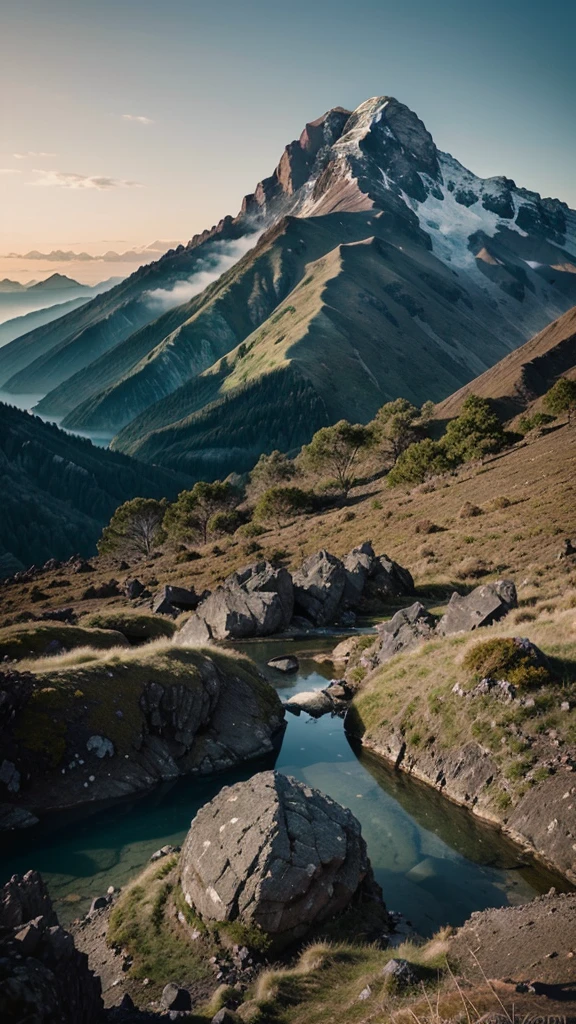 "Create a picture inspired by the majesty and beauty of Mount Rinjani. The font should reflect the power and breathtaking nature of the landscape. Incorporate visual elements inspired by the mountain's shape and texture, such as sharp angles and bold lines, with additional details that evoke the surrounding natural scenery. Use colors reminiscent of the mountain’s landscape and vegetation, such as deep greens, rocky grays, and sky blues. Ensure the font strikes a balance between elegance and strength, resulting in a distinctive and impactful appears