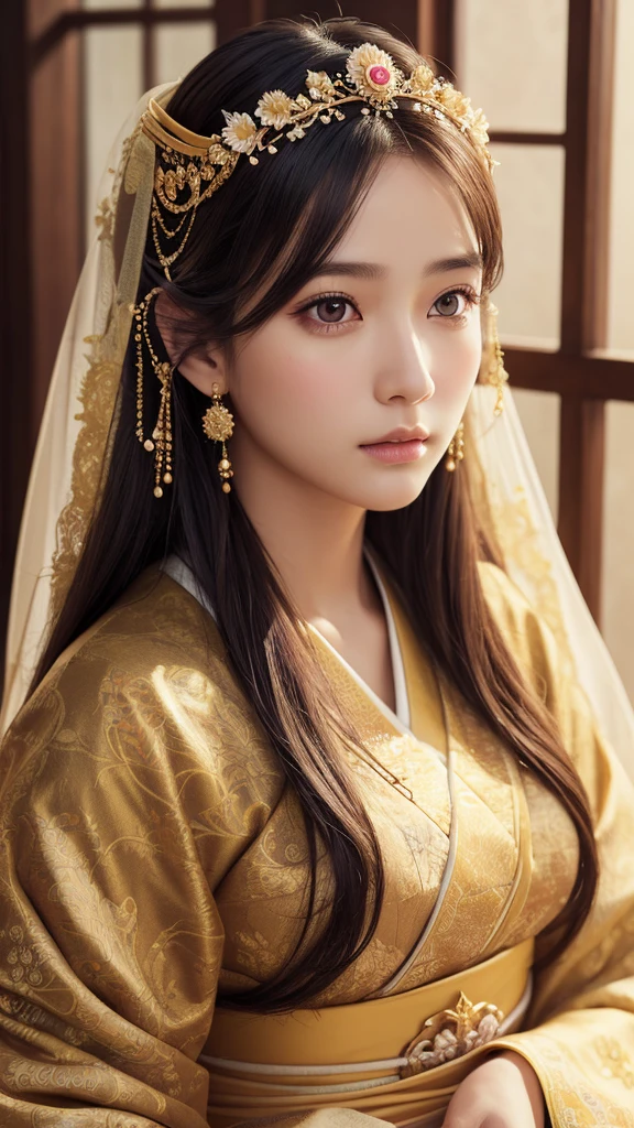photorealistic, masterpiece, 1girl, beautiful detailed eyes, beautiful detailed lips, extremely detailed face and features, ethereal, serene, tranquil, calm, serene expression, long flowing hair, ornate headdress, intricate traditional japanese clothing, golden accents, detailed floral patterns, soft natural lighting, warm color palette, highly detailed, 8k, ultra-detailed, photorealistic, digital art, artstation Realistic