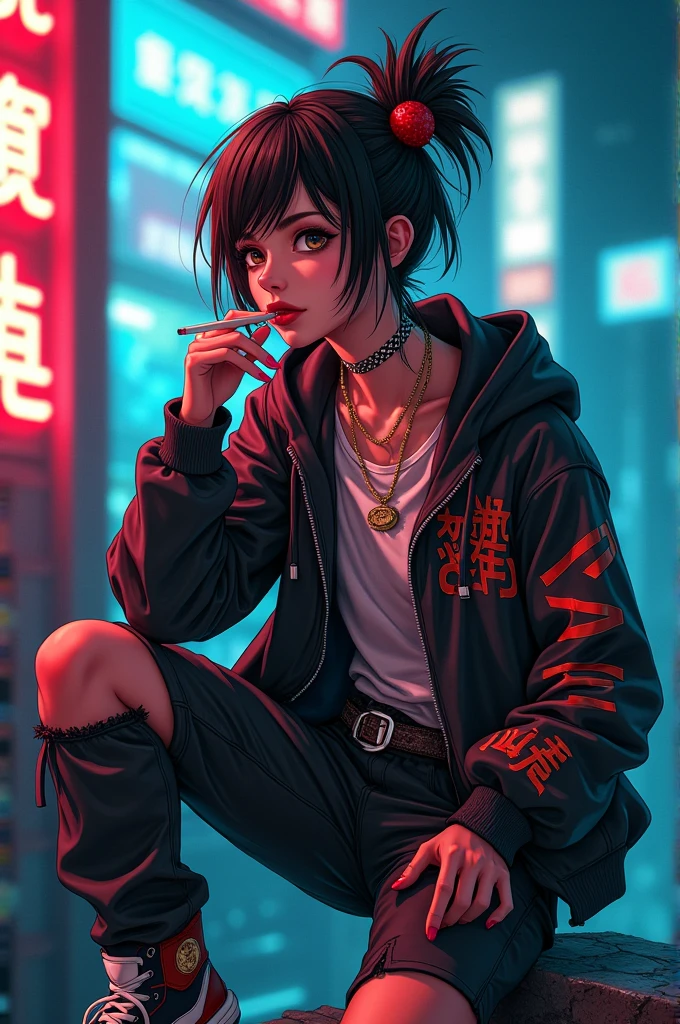 Young Adult Avatar, cyberpunk, streetwear, first olive, smoking, anime vintage
