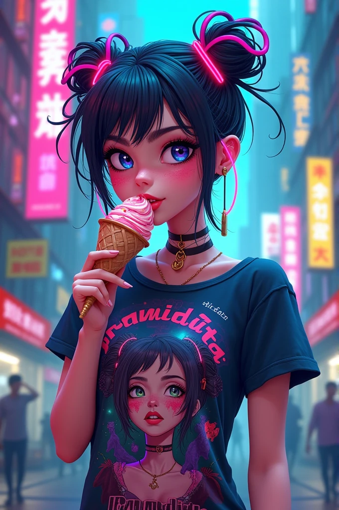 Cyberpunk style animated girl named Pramidita on her t-shirt is eating ice cream