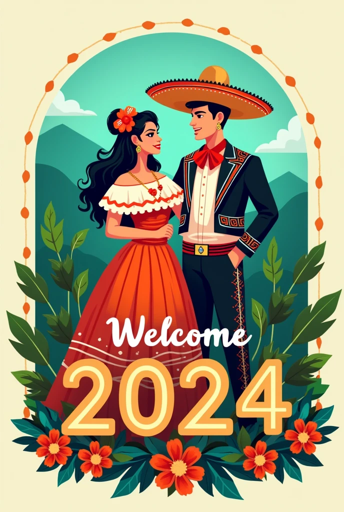 Make me a picture in the form of a logo that says "Welcome 2024" and that contains aqua and green color with an illustration of a couple of Mexican folklore from the state of Jalisco