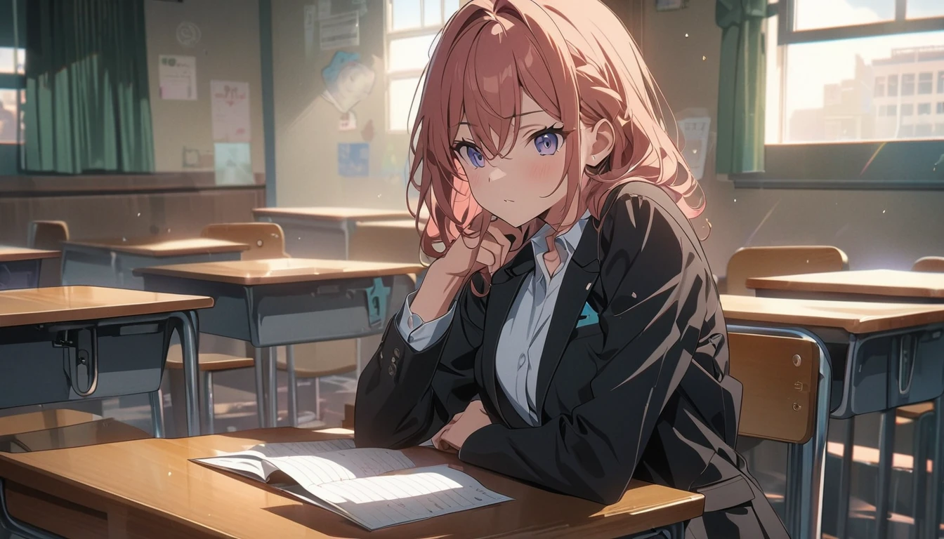 anime style,score up_9,score up_8,score up_7,source_anime,masterpiece,best quality,super fine illustration,super detailed,8k,black men's suits,girl,18yo,sunglass,in classroom,solo,sitting,