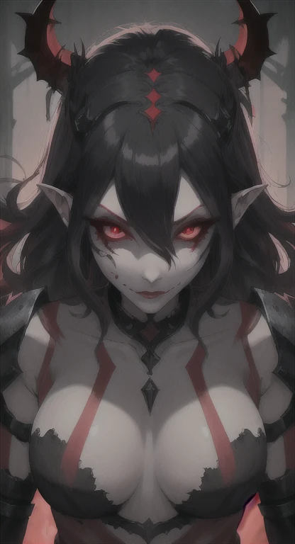 Glowing red eyes, malicious succubus, messy hair, smirking at viewer, POV, dark foggy ruins, armor, SFW,