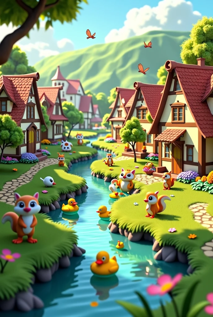 In 3d animation style "A picturesque, vibrant village with lush greenery and colorful flowers. Camera pans across the village, showing various animals living peacefully."