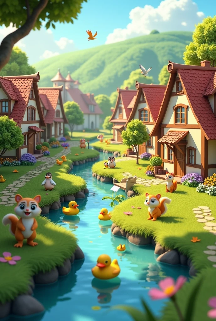 In 3d animation style "A picturesque, vibrant village with lush greenery and colorful flowers. Camera pans across the village, showing various animals living peacefully."