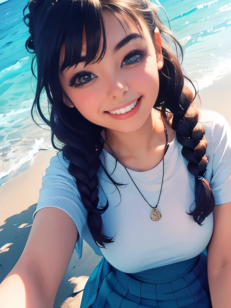Masterpiece, Best Quality, 8K, Photographic Reality, Realistic, a close-up of a girl, 20, brown eyes, dark hair in a French Braid, smiling, wearing a light blue skirt. rocky beach background in the morning light.