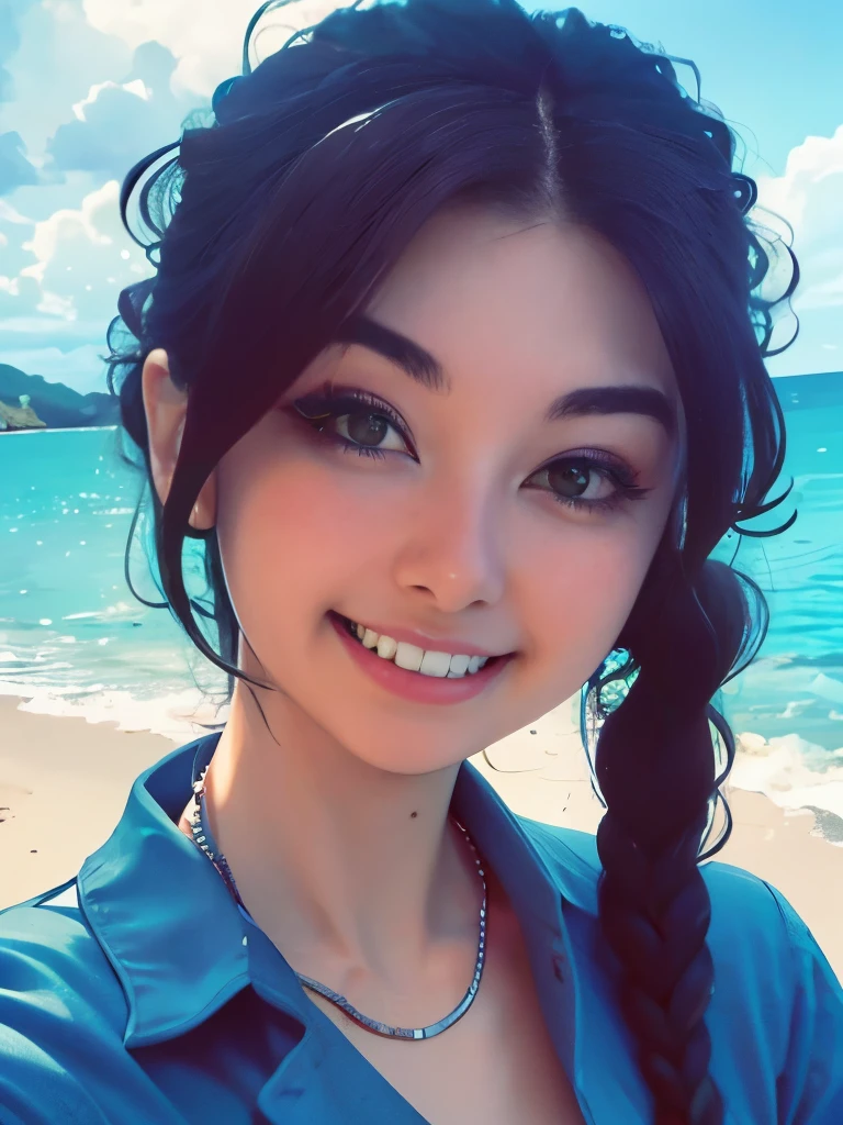 Masterpiece, Best Quality, 8K, Photographic Reality, Realistic, a close-up of a girl, 20, brown eyes, dark hair in a French Braid, smiling, wearing a light blue skirt. rocky beach background in the morning light.