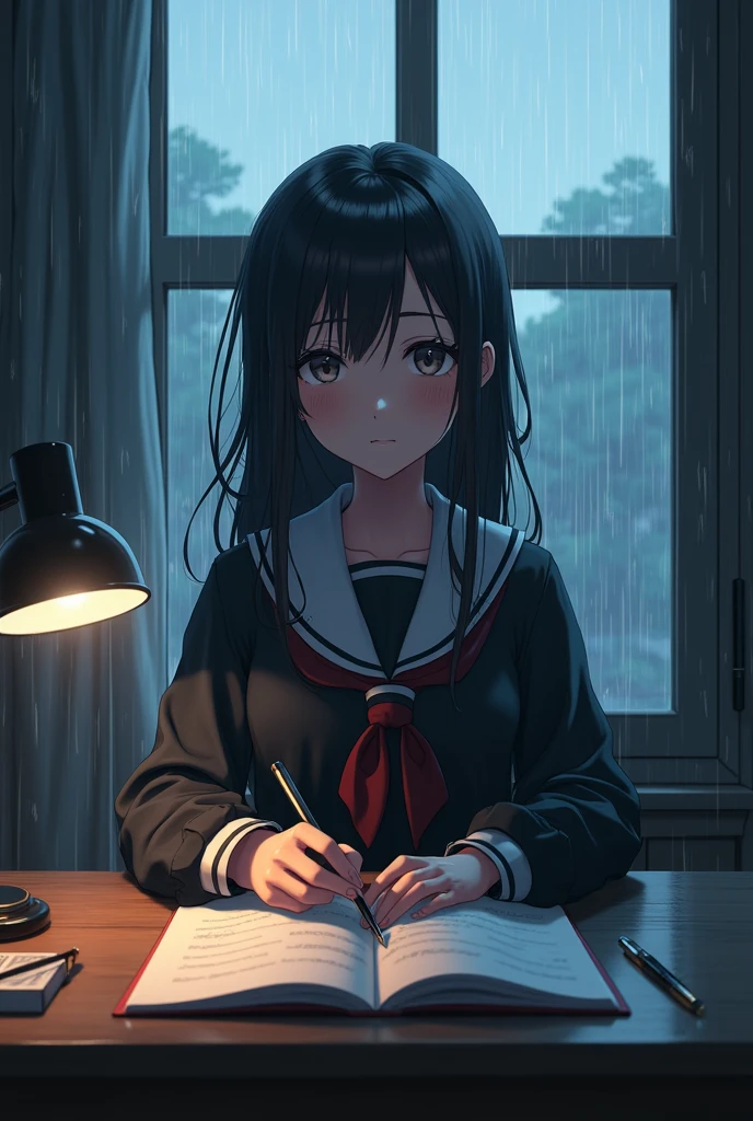 anime girl sitting at a desk with a notebook in front of a window& in rainy season highly detailed pixels, illuminated with smooth, soft lighting, trending on ArtStation, the hyperrealistic vision of H R Giger