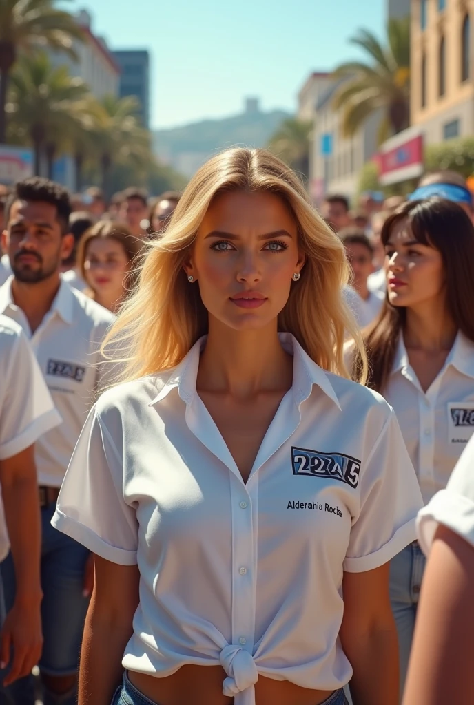 Image of a Brazilian woman, blonde, with blue eyes, dressed in a white blouse with the name Alderlania Rocha, 22345. Next to Alderlania a crowd of people wearing white blouses with the name Alderlania Rocha and the number 22345.