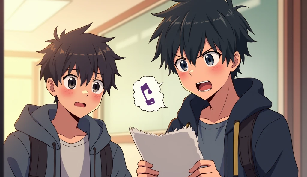 Two male teenagers, the teenager on the right has a nervous look on his face because he is delivering a letter to the person he loves, the teenager on the left is at school, the image has to be in anime