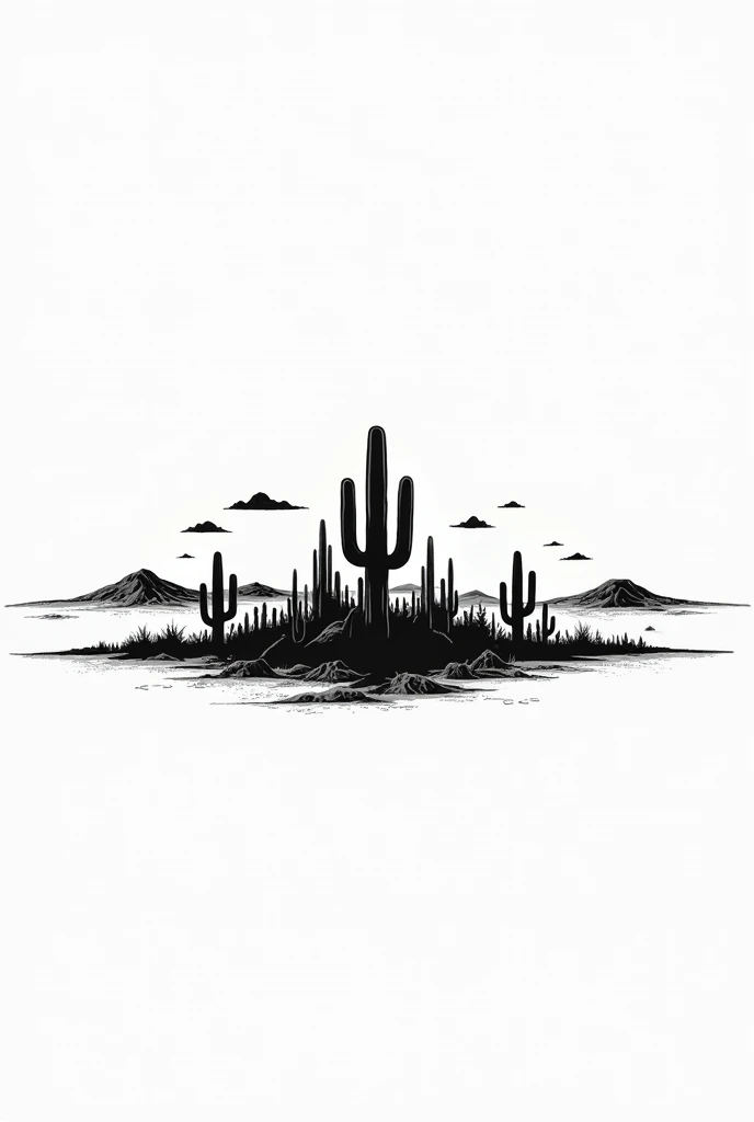 A black and white extended logo of a desert with a 2d western style cactus farm