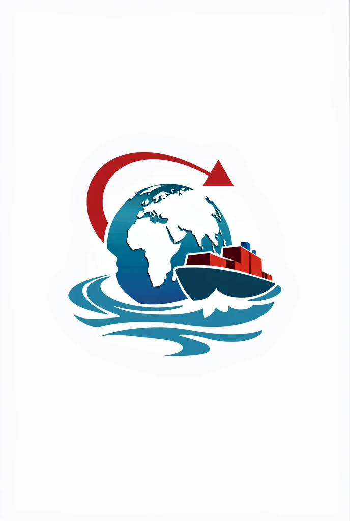 draw me import export company logo, Earth logo, has water flowing through, cargo ship on the water, arrow around the earth, main colors white red, professional creative style