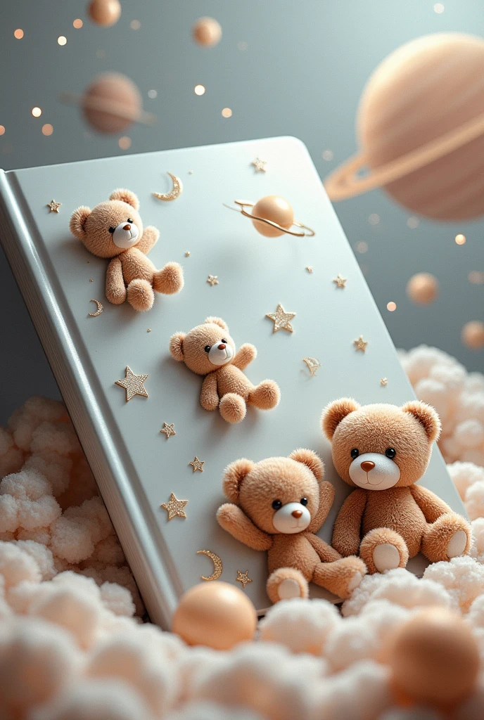 Create a cute notebook cover, with teddy bears traveling through planets, use silver and matching colors