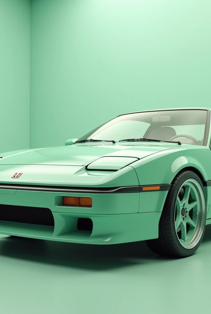 Create an image of half of a pastel green Honda CRX 85 as if it had been taken from behind on the right side