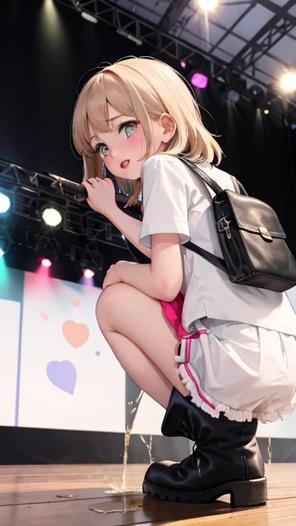 High resolution, Beautiful woman, ，Attention to detail, Good lighting, Obscene, conversion, ((Frilly retro shirt)), ((Leather miniskirt)),((sports boots)), Light blue school bag、Bare thighs, Bare arms, (((Be incontinent))), (Pee), Peeの染み, (puddle), Thick thighs, Nice long legs, lipstick, Detailed face, Cute Face, Embarrassed and blushing face, Humiliated, ((On the stage at the ball)), (Squat), (Side view),Stick your butt out，Open your knees，Open your heels