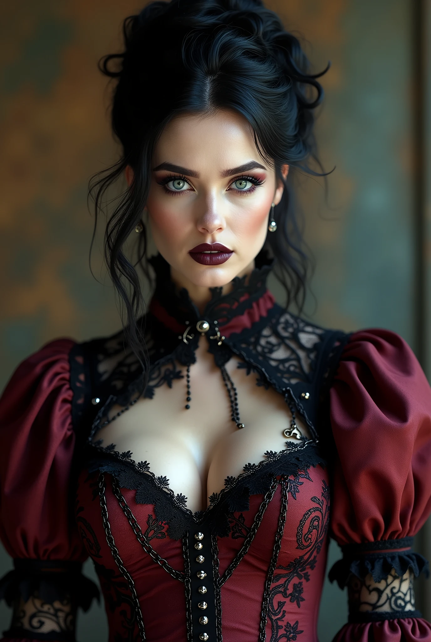 ((photograph)), black hair updo goth girl, blackout eyeshadow, 30 year elegant woman, pale skin, high collar renaissance maroon black lace dress, black lips, chains, bright blue eyes, buxom, upper torso, background medieval castle ballroom