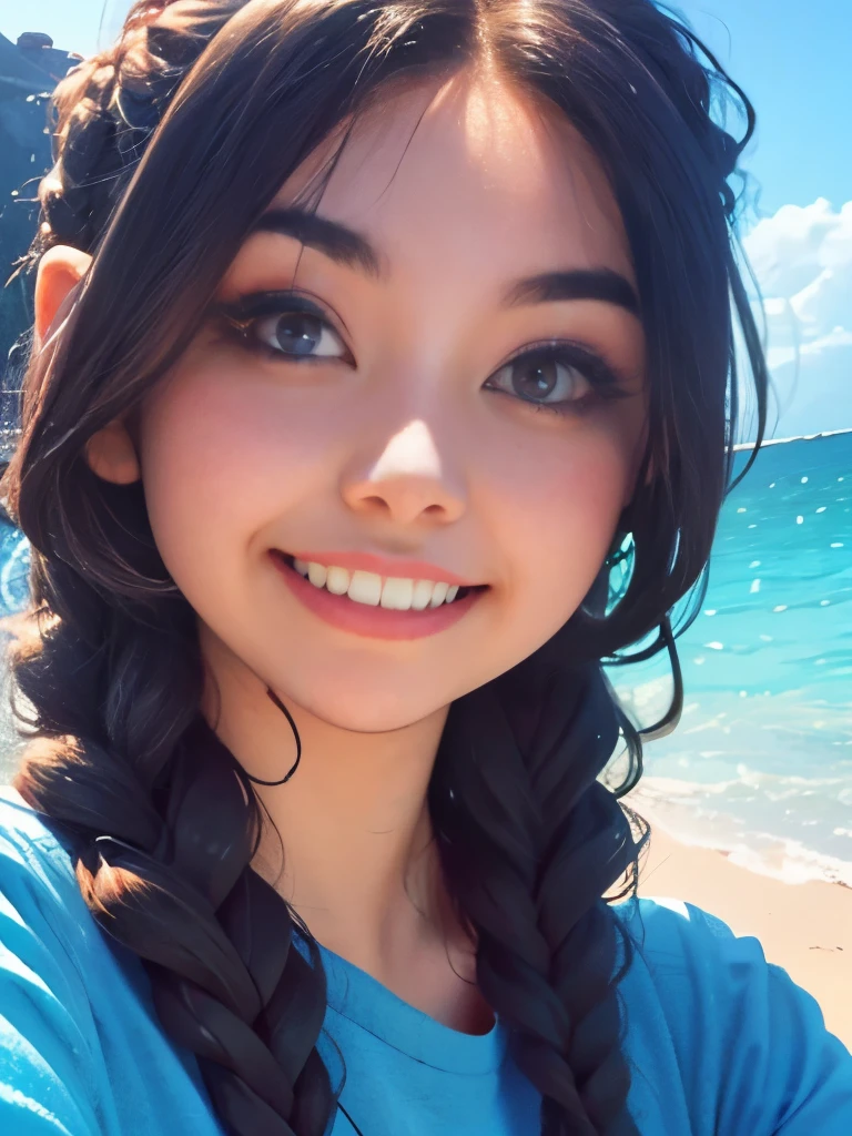 Masterpiece, Best Quality, 8K, Photographic Reality, Realistic, a close-up of a girl, 20, brown eyes, dark hair in a French Braid, smiling, wearing a light blue skirt. rocky beach background in the morning light.