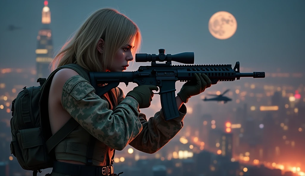 Photorealistic、Realistic skin texture、high resolution、High definition、Beautiful Arabian girl in tiger stripe camouflage uniform、On her upper body, she is only wearing a camouflage bra top.、Taking a shooting stance、Manhattan night view、Very beautiful 1 female soldier、Carrying a military backpack、Wearing a bulletproof vest、Aiming an automatic rifle、Holding a realistic sniper rifle、Blonde medium-long hair、Young face、A military helicopter flies in the sky、The background is a skyscraper district、Smoky battlefield、The background is the night sky、Full moon in the sky、The person is a full-body angle、Watching the audience